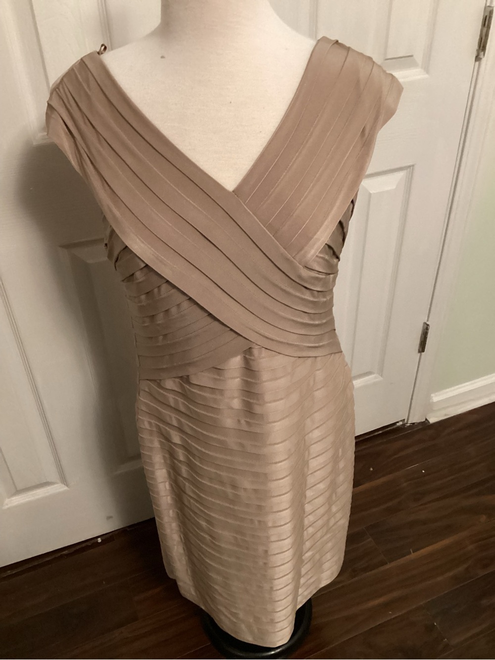 Xscape Taupe Pleated V-Neck Midi Dress